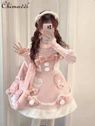 Japanese Sanrio Big Ear Dog Woolen JSK Dress Autumn and Winter New Lolita Sweet Cute Bow Oversized Above Knee Girl Kawaii Dress