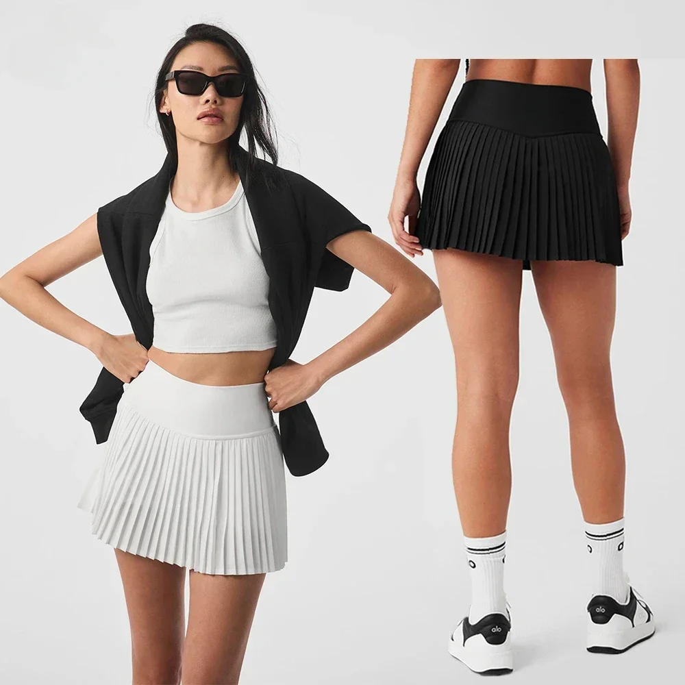 Sexy Goddess High Waist Pleated Short Skirt Bag Comfortable Elastic Sports Running Women's Tennis Skirt Black Belt Hidden Pocket