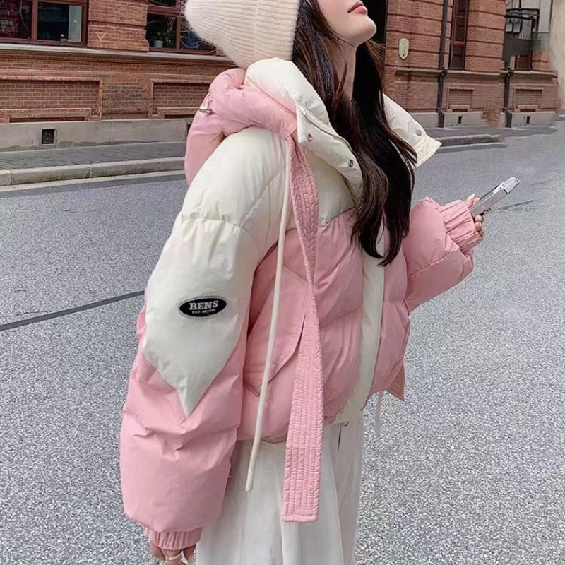 Women's Winter Jacket Short Puffer Coats Color Clash Patchwork Streamer Bakery Clothes Thickened Loose Warm Snow Down Jackets