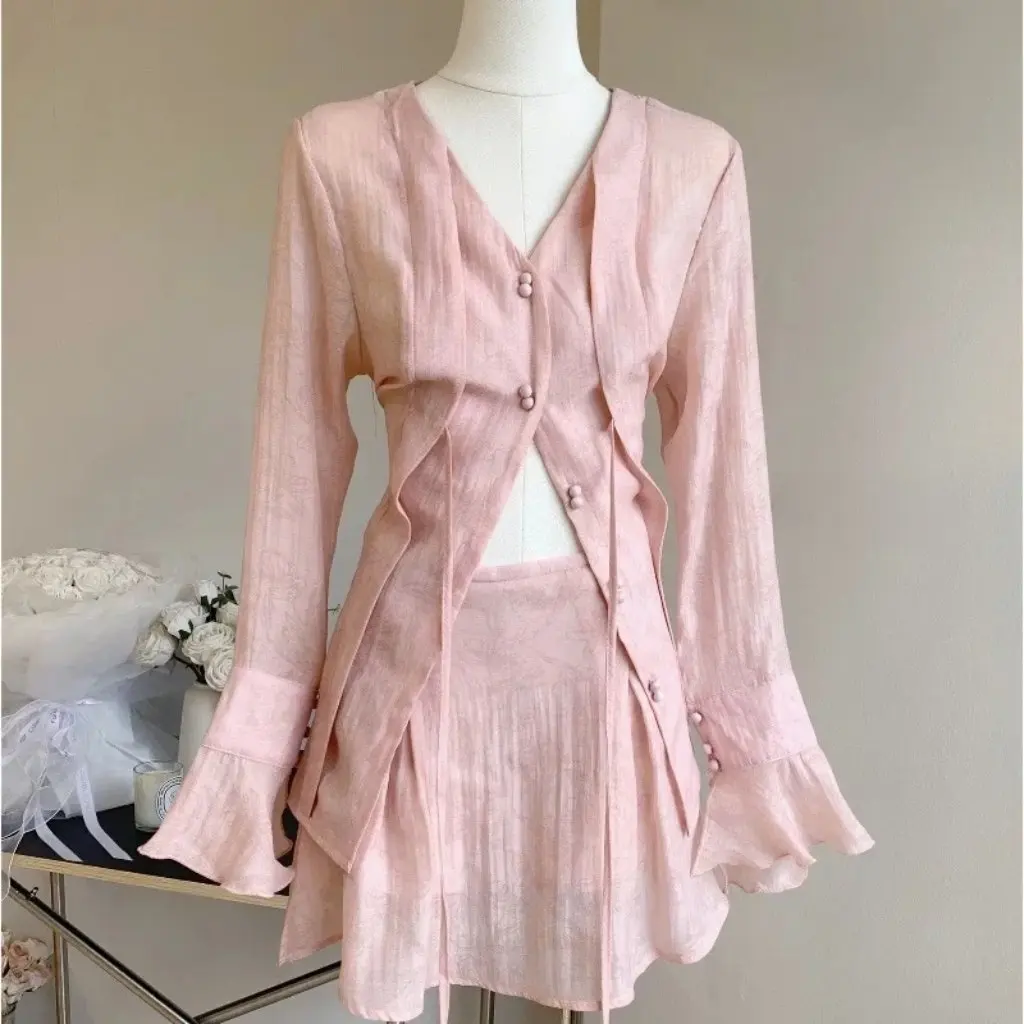 Women's Summer New Chinese Style Suit Solid Color Casual Shirt Top Small Guofeng Two-piece All-match