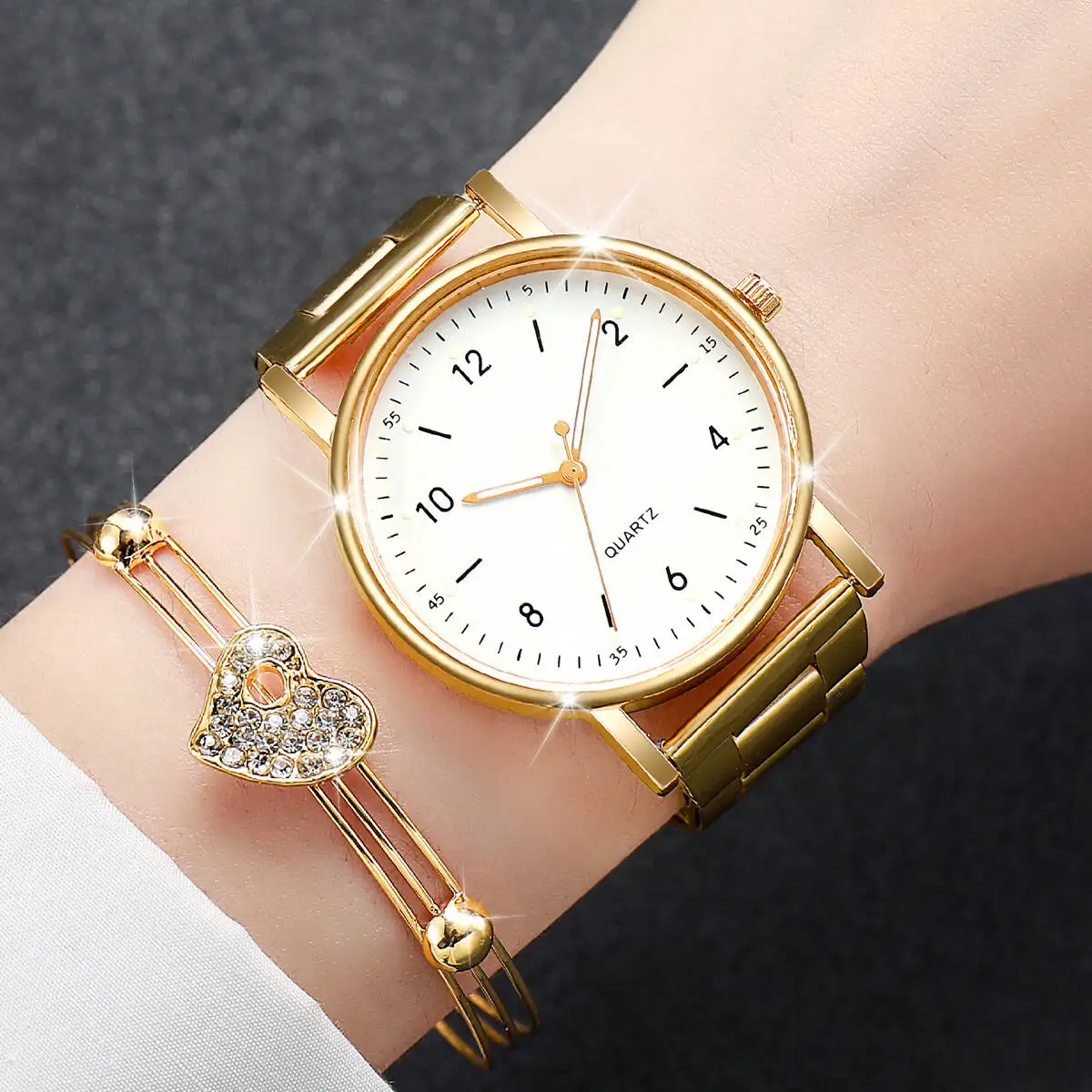 6 шт./компл. модные женские часы с арабским циферблатом из сплава, кварцевые часы для женщин, комплект ювелирных изделий, Reloj Mujer (без коробки)