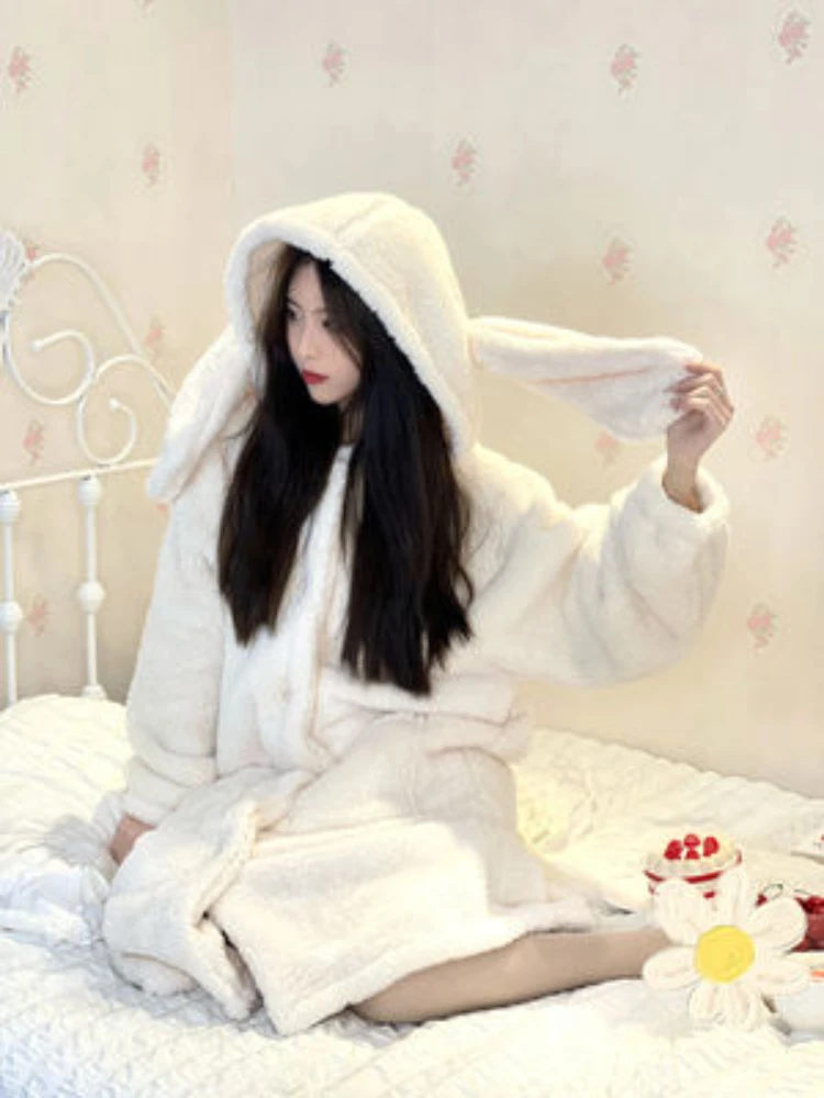 New Winter Hooded Robes Women Simple Thicken Keep Warm Comfortable Sleepwear Lovely Girls Rabbit Ears Design Pockets Chic Home