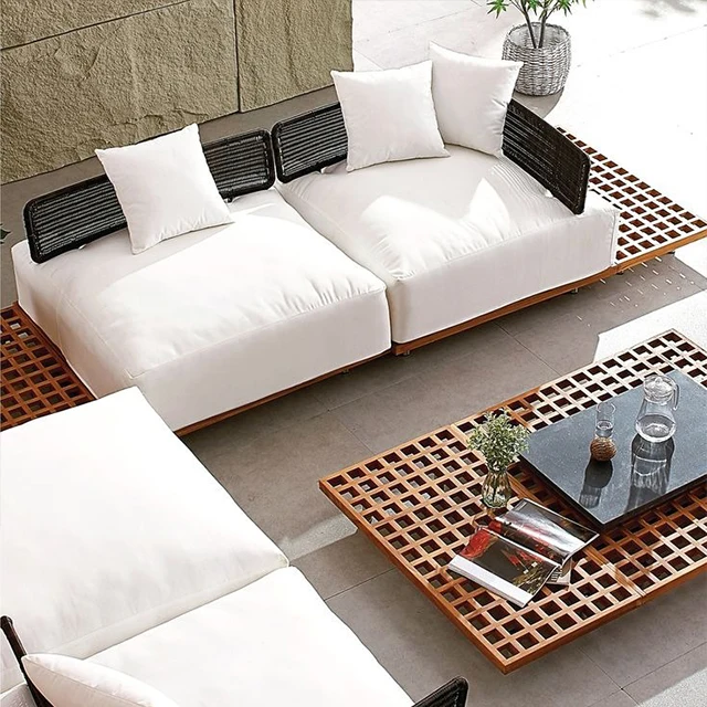 Aluminum Tube Frame PE Rattan And Teak Wood Outdoor Garden Leisure Waterproof Sofa Set