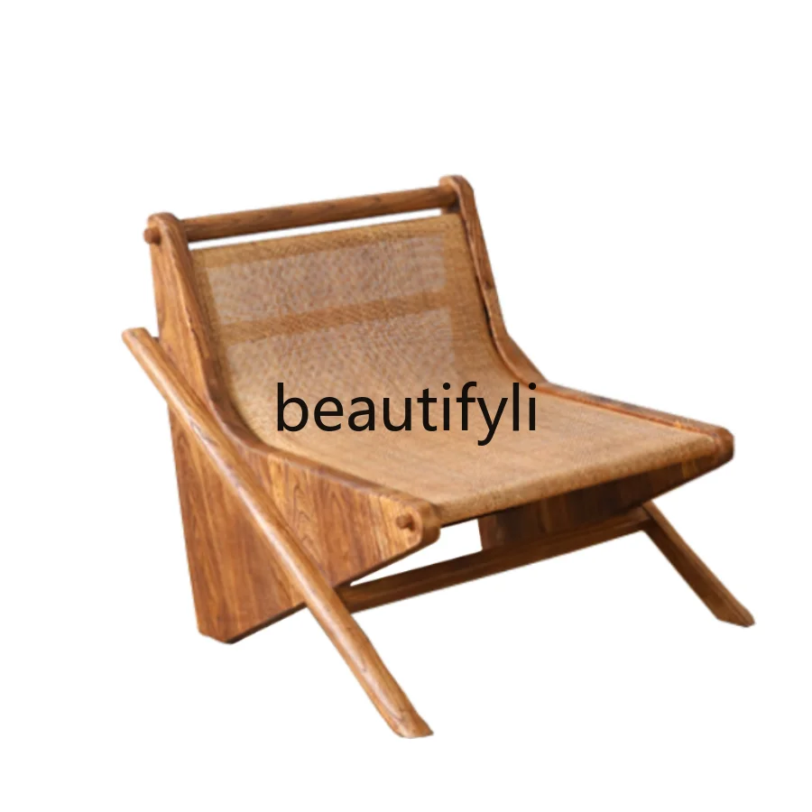 

Medieval casual rattan chair backrest dining chair retro Japanese solid wood balcony sofa recliner bed and breakfast furniture