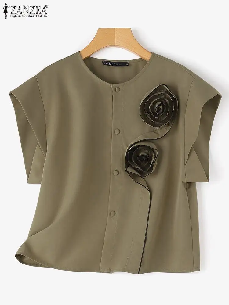 ZANZEA Women Short Sleeve Blouse Speacial Three-D Flowers Blusas 2024 Summer Round Neck Shirt Casual Loose Colorblock Tops Femme