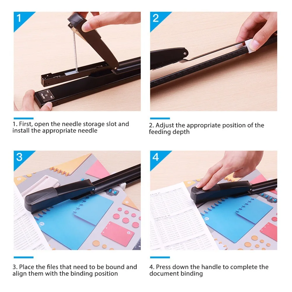20 Sheets Metal Body Long Reach Stapler Adjustable Throat Black Booklet Stapler 20 Sheet Capacity Full Strip Paper Binder