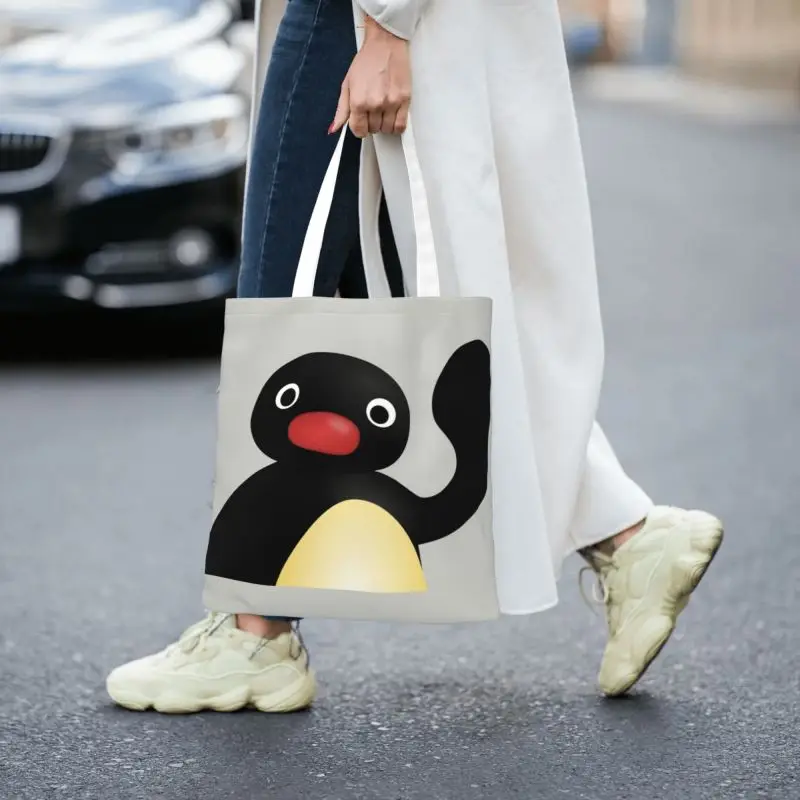 Kawaii Pingu Waving Shopping Tote Bag Recycling Penguin Canvas Groceries Shopper Shoulder Bag