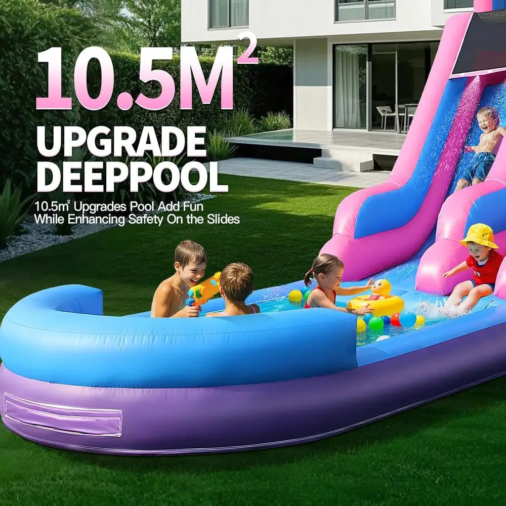 26FT Iatable waterglijbaan voor kinderen, PVC commerciële waterglijbaan met splashpool, 4-in-1 waterglijbaan met klimmen en mand