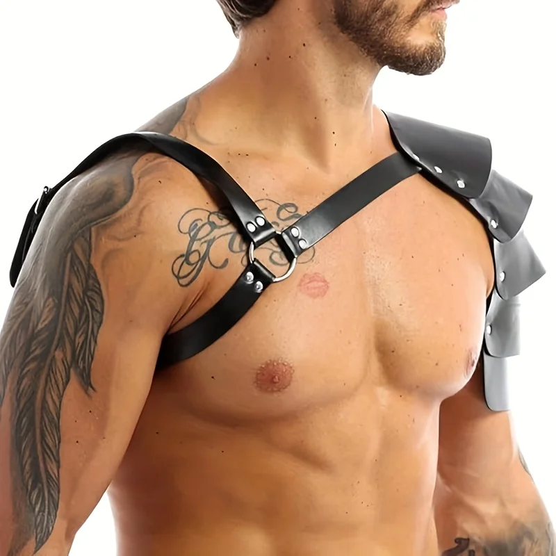 Men Medieval PU Leather Shoulder Armor & Arm Guards, Halloween Cosplay Knight Body Chest Harness Adjustable Viking Shoulder Pad