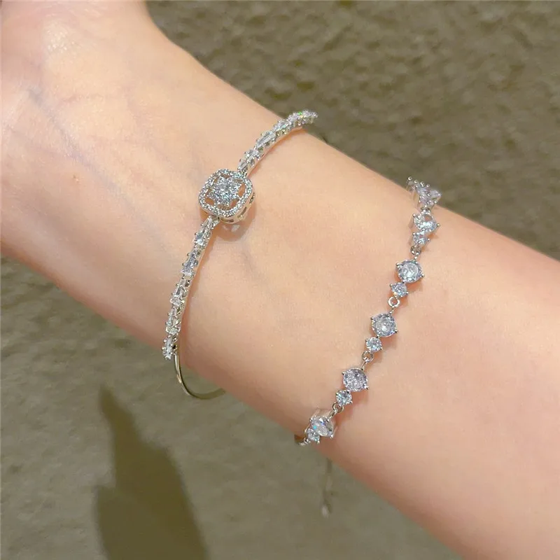 

CC Shining Bangle Star Shape Silver Color Jewelry High Quality White Zirconia 100% Handmade Thin Cuff Bracelets Open Size J1477