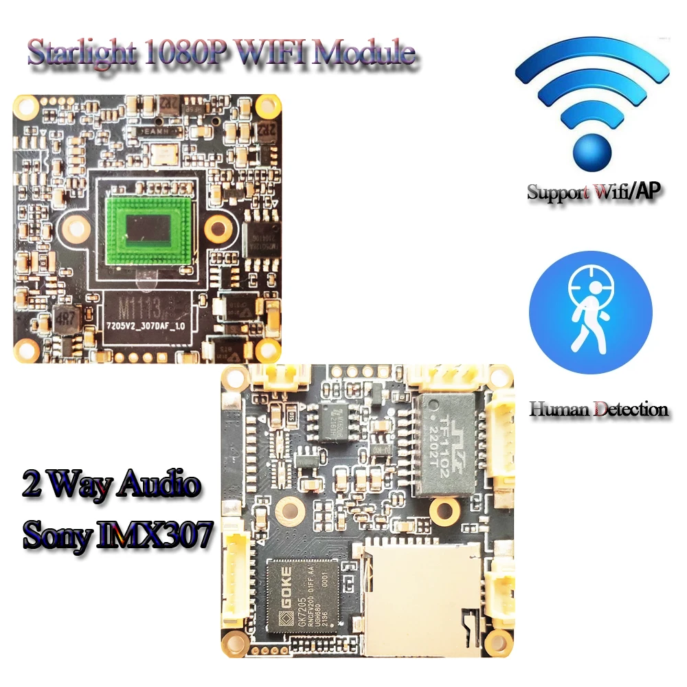 H.265 1080P FULL HD Starlight Wifi Security Camera Module 2MP Wireless IP Camera Board, Two Way Audio, RTSP Camhi IMX307 Sensor