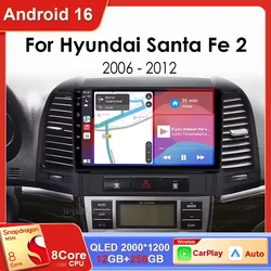 Android 16 For Hyundai Santa Fe 2 2006-2012 2K QLED Android Car Radio Multimedia Video Player AI Voice CarPlay Head Unit Stereo