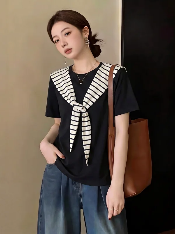 

Navy Striped Shoulder T-Shirt Women's Summer New plus Size Fat MM Belly Cover Age Reduction Top Korean Style Commute Wind