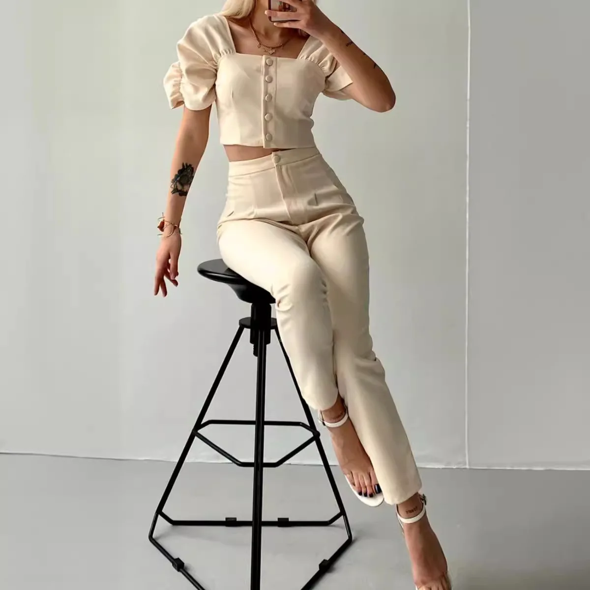 

Women Spring Summer Trouser Set Pants Suit Button Square Collar Pencil Pants Short Sleeves High Waist Casual Fashion Comfortable