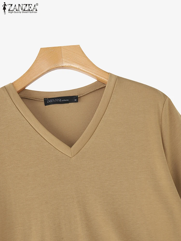 ZANZEA Kleurblokken Geplooide Trim Patchwork Blouses Vrouwen Casual V-hals Korte Mouw T-shirts Streetwear Stijlvolle Blusas Mujer