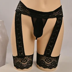 Sissy Thongs Men Sexy Lingerie Lace Underwear Breathable Hollow See Through Briefs Bulge Pouch Panties G-String Lace Underpants