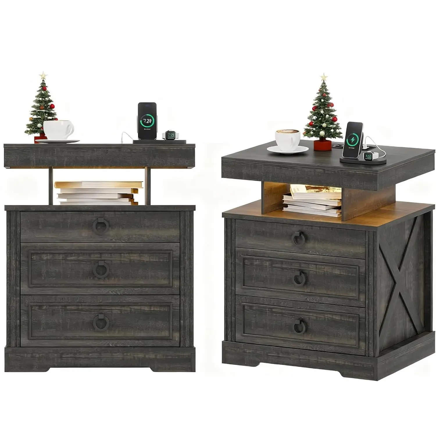 Nightstand Set Gun Drawer LED Bedside Table Charging Station Bedroom Furniture, Customized