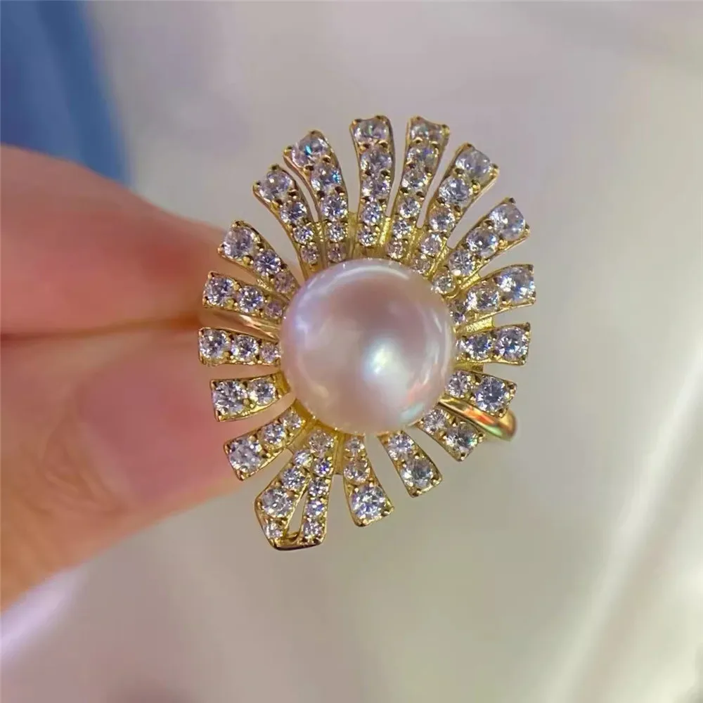 

S925 Silver Sterling Ring Inlaid Zirconia Half Hole Pearl Ring Base Resizable Design DIY Handmade Fine Jewelry Ring Accessories