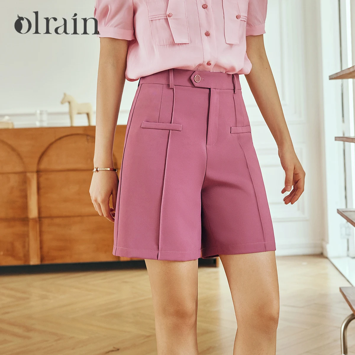 OLrain Women Summer Tailored Shorts 2025 French Fashion Pink Short Pants Lady High Waist Straight-Leg Dress Shorts O23XK80592