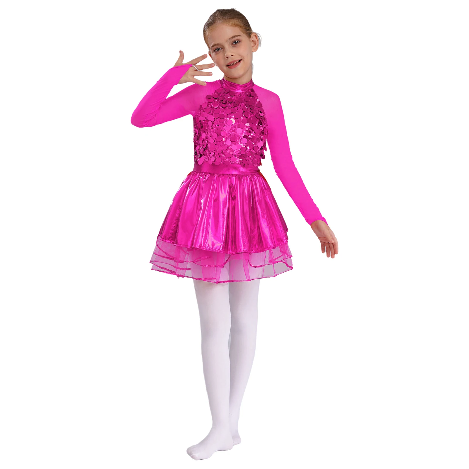 Kids Girls Gymnastics Skating Ballet Jazz Dance Performance Costume Leotards Dress Sequins Metallic Sheer Mesh Tutu Dresses