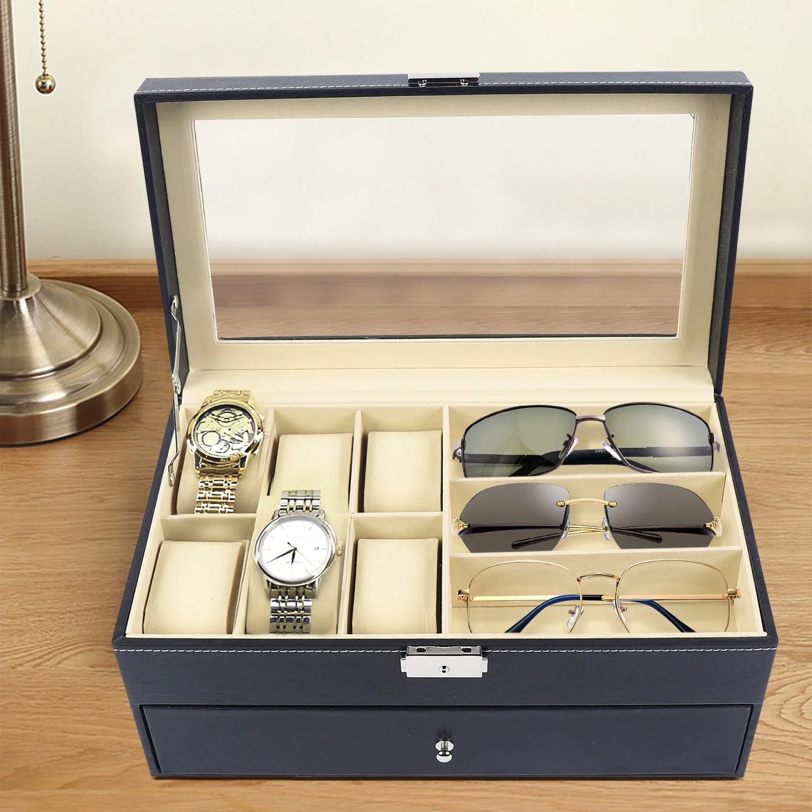 

Eyeglasses & Watch Storage Box (for Storing 6 Watches & 12 Glasses), 2-Tier Desktop Storage Box, for Personal Use, Store Display