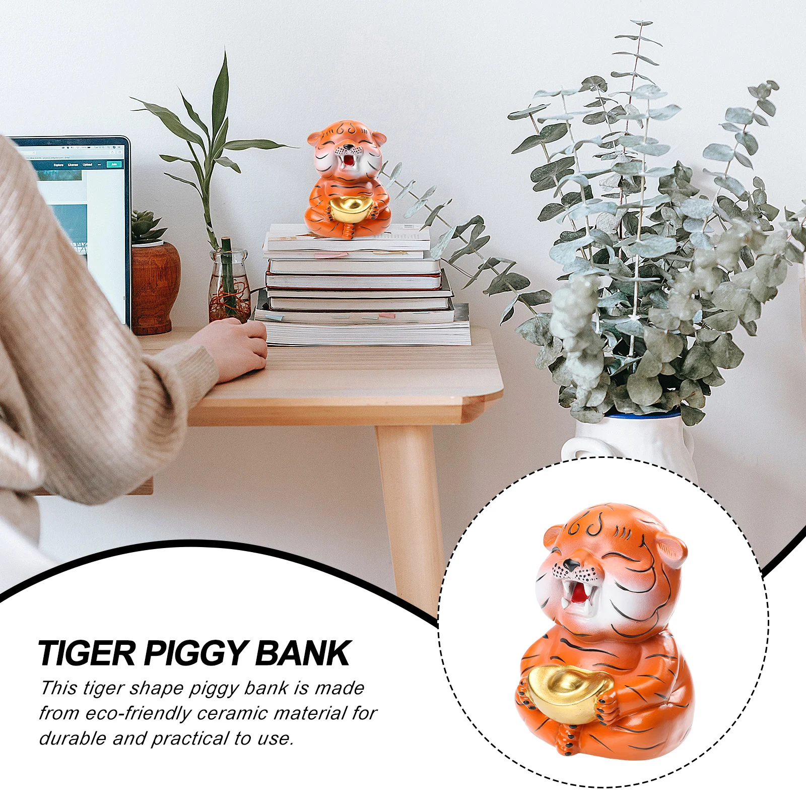 Adorável cofrinho de cerâmica em forma de tigre, banco de moedas funcional para ensino de crianças, economia de dinheiro, acessório decorativo