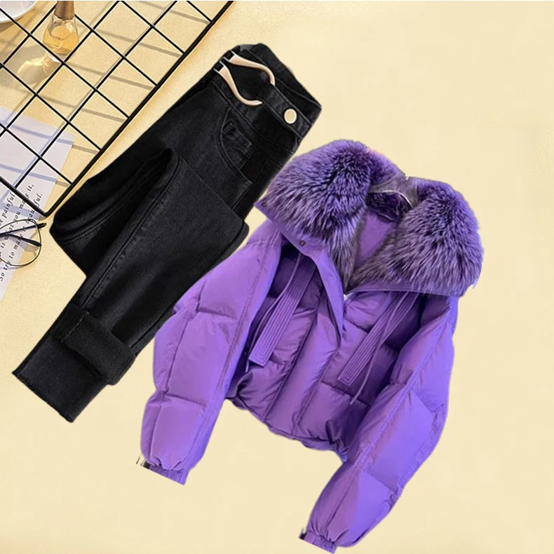 

Women's Thiened Fce Cotton Jaet Coat with Fur Collar High Waist Jeans Two-Piece Set Autumn Winter New Casual Sle