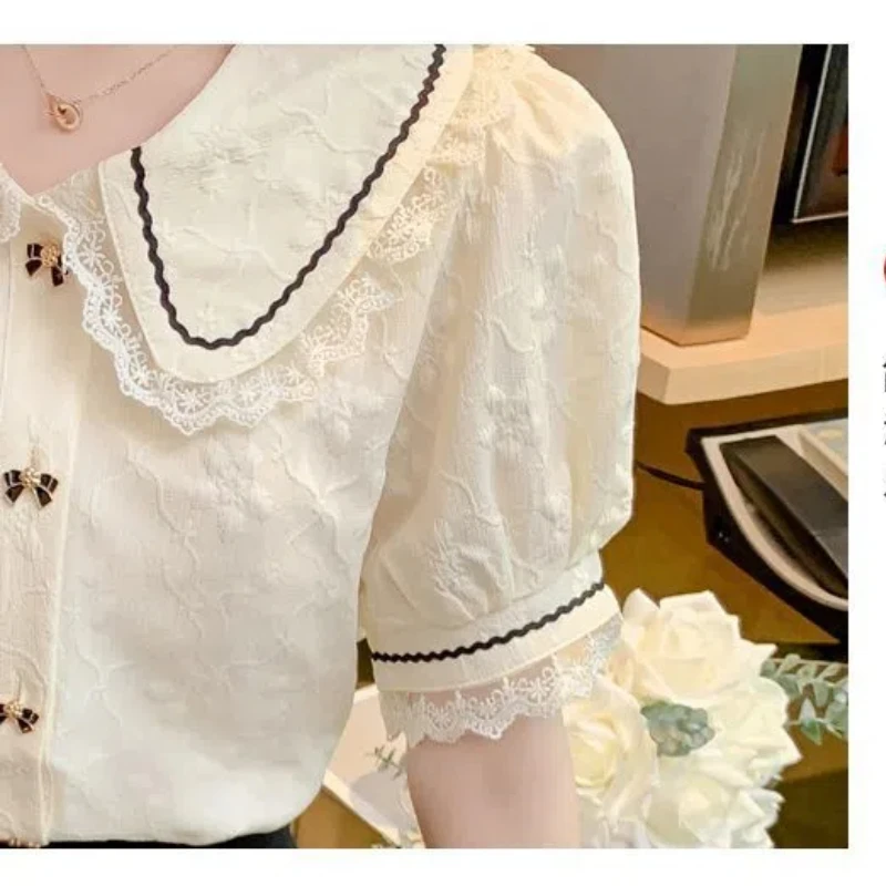 Summer Women\'s Pullover Solid Color Chiffon Button Lace Patchwork Short Sleeve Peter Pan Collar T-shirt Elegant Casual Tops