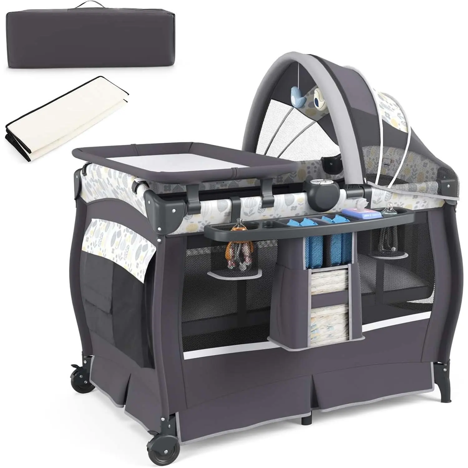 GOFLAME 5-in-1-Reisebett mit Matratze, mit verstellbarem Baldachin, mit Wickelunterlage, Spieluhr und Tragetasche, bis zu 15 kg Tragfähigkeit 3
