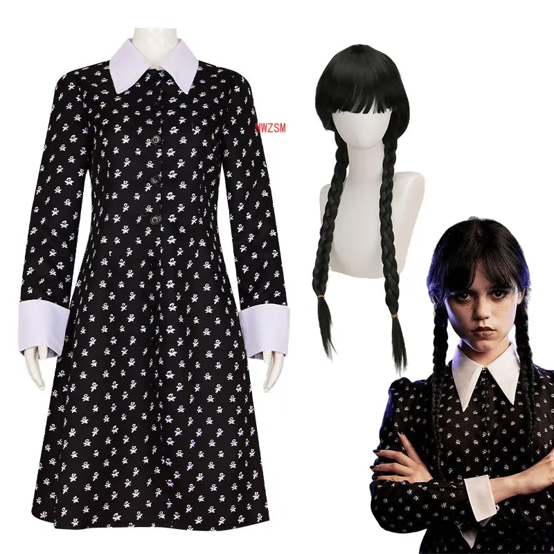 Addams-vestido de Cosplay para niña y niño, traje de Cosplay de la película Wednesday para mujer, ropa, traje de peluca, disfraces de Halloween