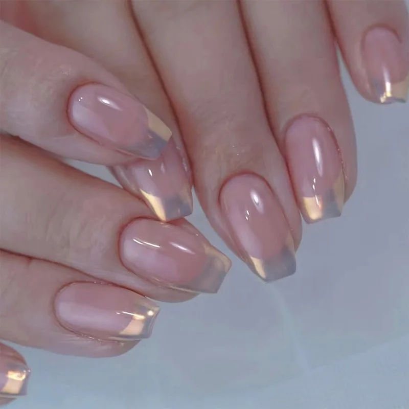 24 Stuks Champagne Aurora Franse Kunstnagels Draagbare Pure Blush Nep Nagels Kort Ballet Luxe Valse Nagels Druk Op Nageltoppen