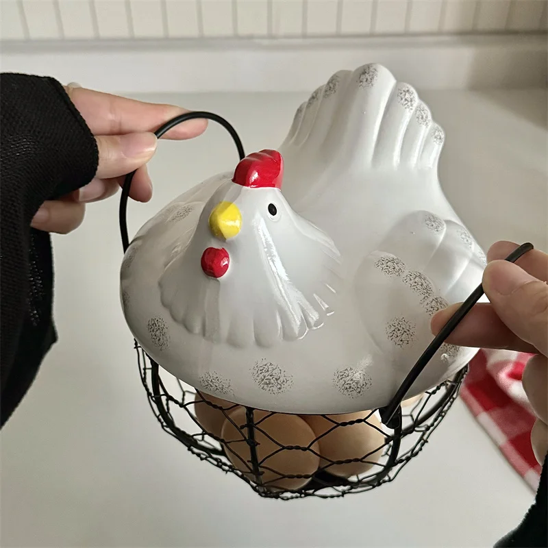

Vintage Ceramic Hen Egg Basket Rustic Farmhouse Kitchen Organizer Decorative Countertop Storage Chicken-Shaped Fruit Baskets
