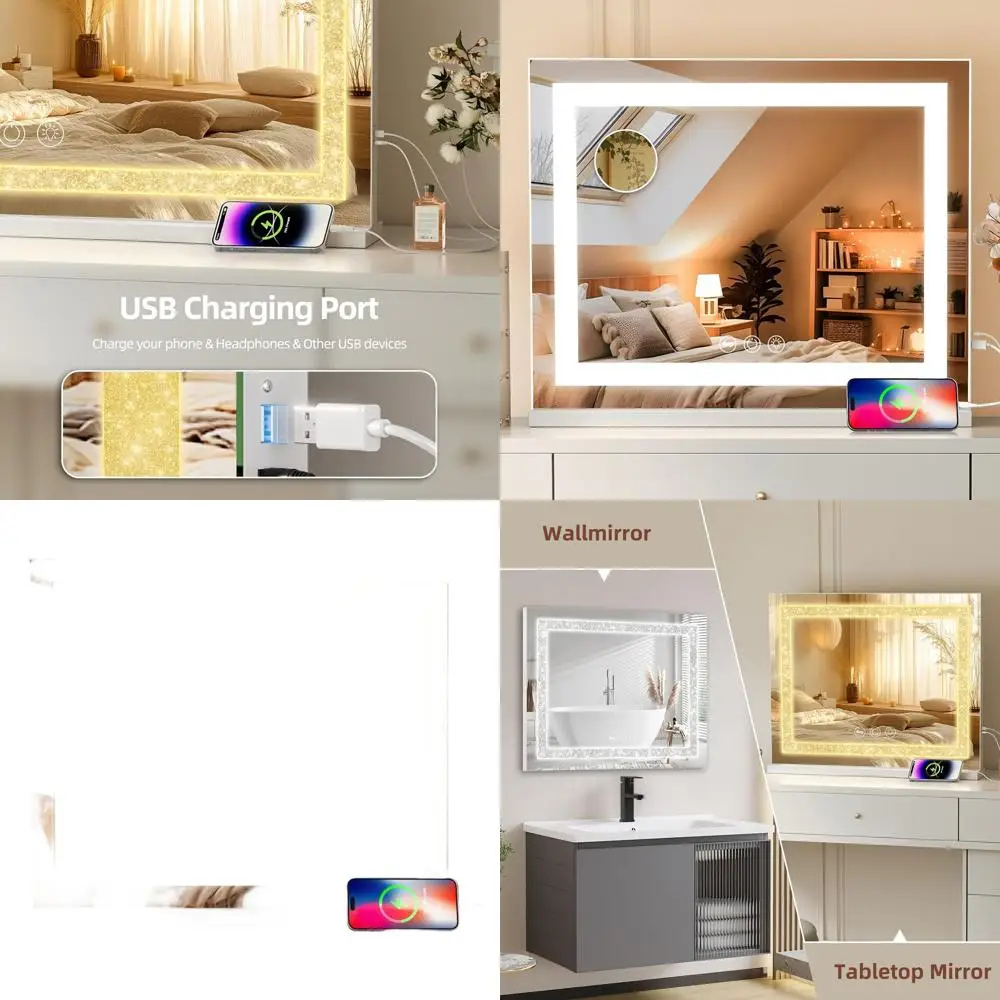 

Illuminated Vanity Mirror with 10X Magnification, USB Charging, 3-Color LED Light, Tempered Glass, White