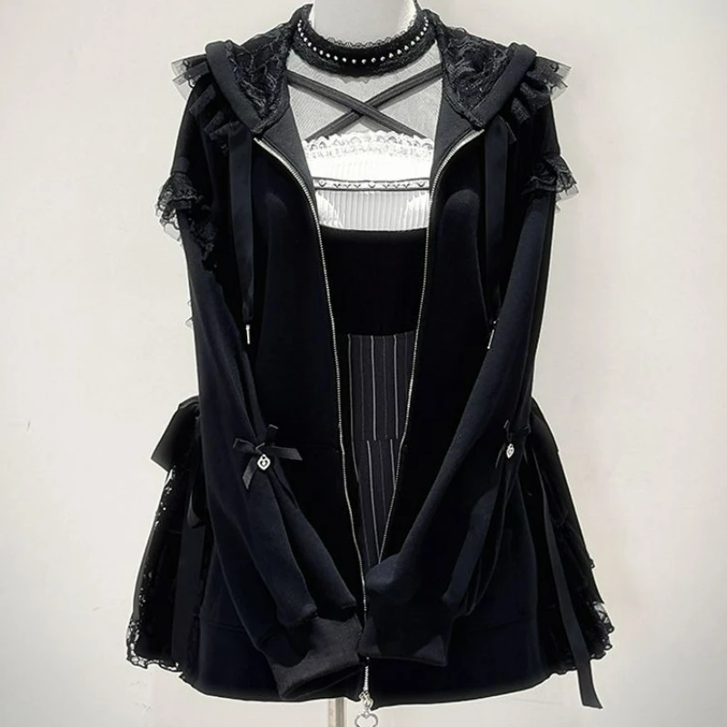 Japanese Subculture Lolita Zipper Hoodies Women Kawaii Cute Lace Bow Long Sleeves Hooded Coat Grunge Hoody Y2k Loose ​Sweatshirt