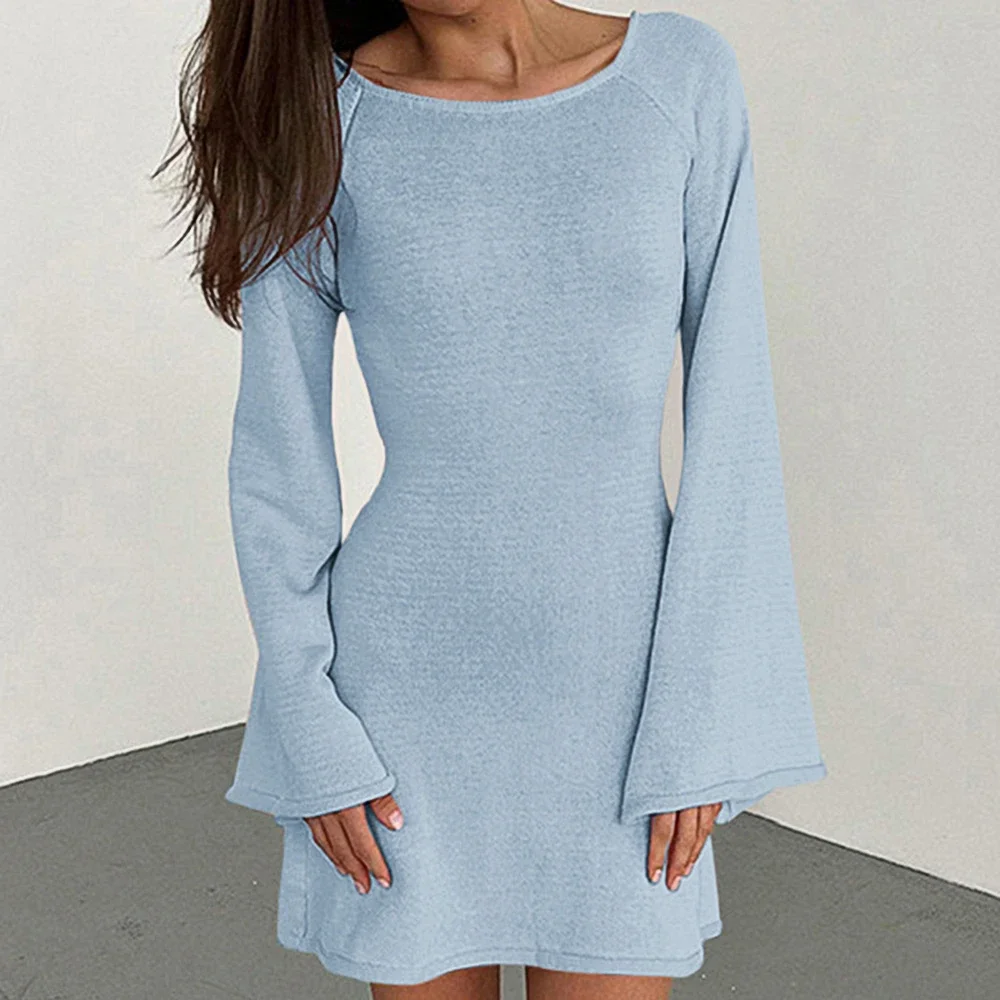 Abiti primavera estate carino semplice tinta unita manica lunga girocollo mini abiti camicia quotidiana per le donne