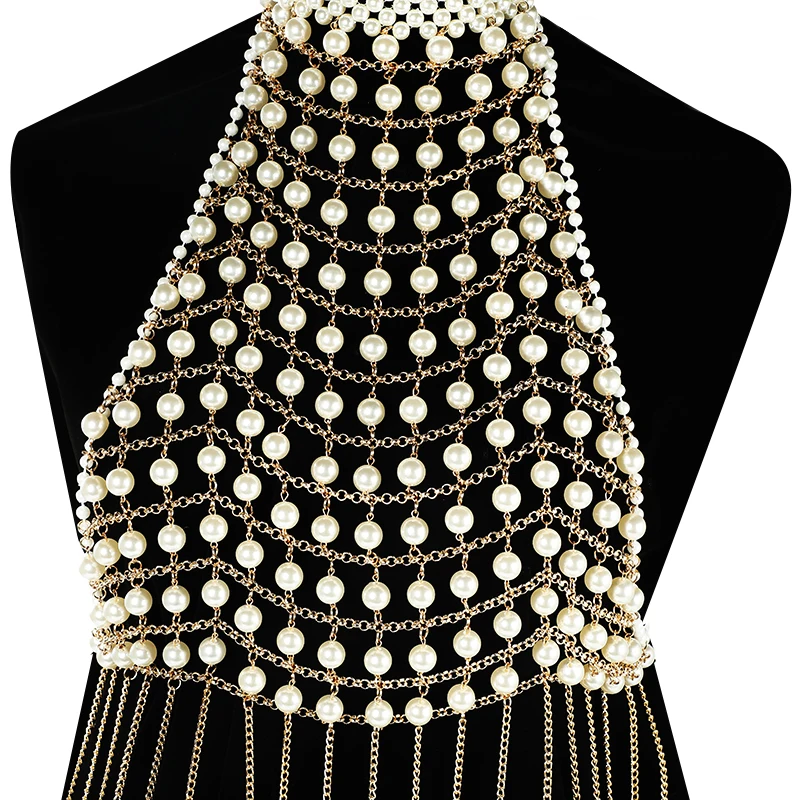 European Personality Wedding Dress Body Chain Dress Accessories Pearl Shoulder Chain Jewelry Mesh Shape Design Chest Chain Jewel