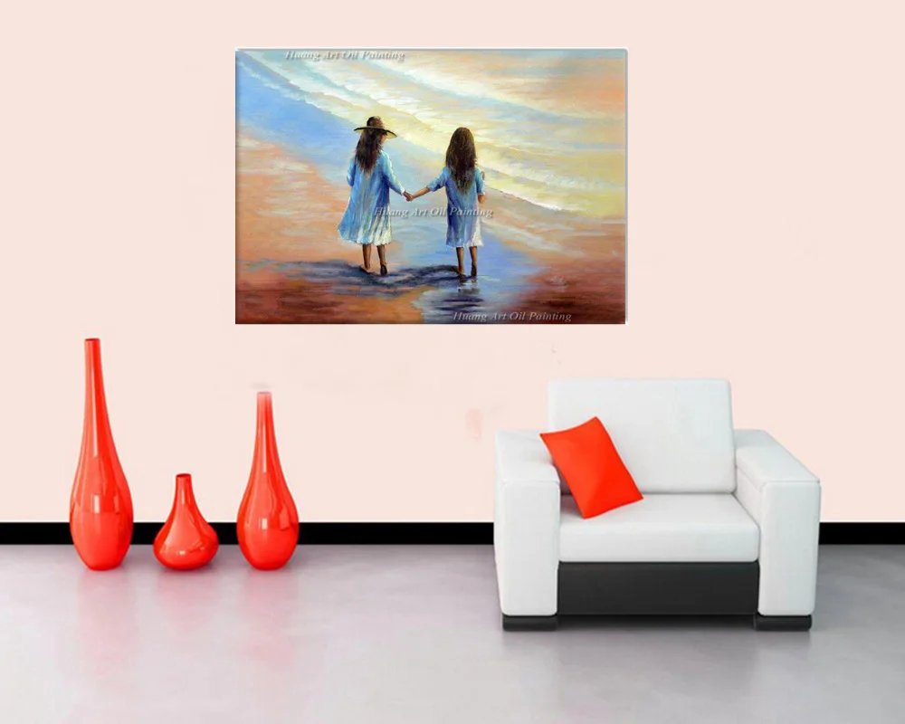 Hand Painted Modern Oil Painting on Canvas Sister on The beach Hand in Hand with Love Landscape Girl Paintings for Home Decor