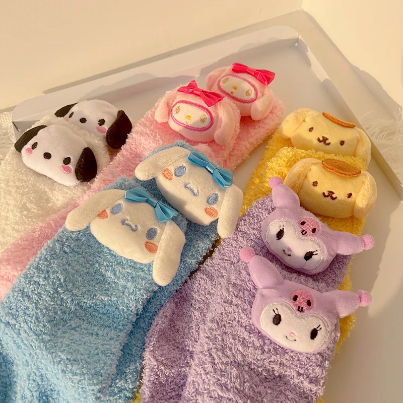 Kawali Sanrio Kuromi Cinnamoroll My Melody Pochacco Pompompurin Coral Velvet Home Sleep Floor Socks Thick Cute Gift For Girls