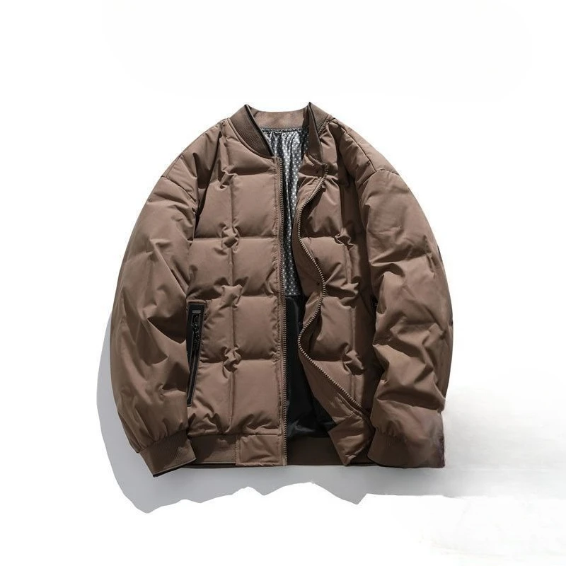 Men Classic Baseball Collar Quilted Down Jacket Winter Warm Layering Outerwear