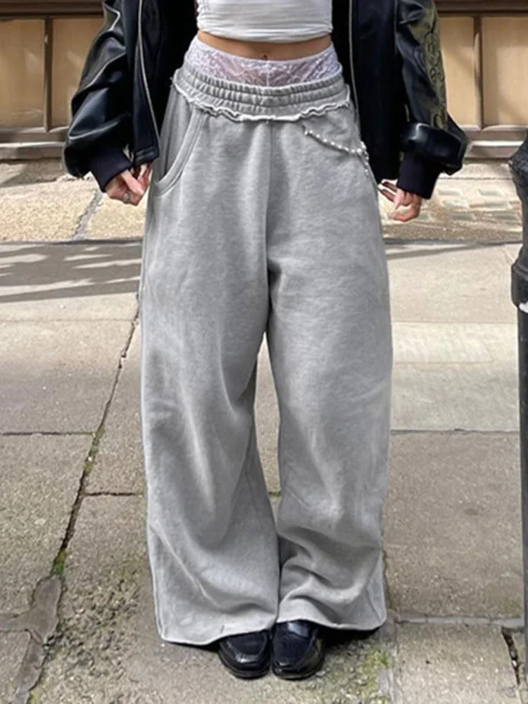 هوتشو عادية فضفاض رمادي Sweatpants النساء خمر Harajuku الهيب هوب السراويل الرياضية الشارع الشهير مستقيم الكورية موضة السراويل الصلبة