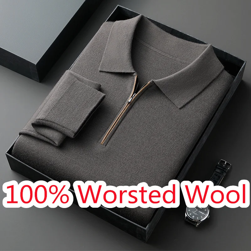 100% ウール混紡ポロシャツ 高級メンズ クラシック ターンダウンカラー ニットTシャツ 長袖 男性用 羊毛 ジップアップ ジャンパー プルオーバー