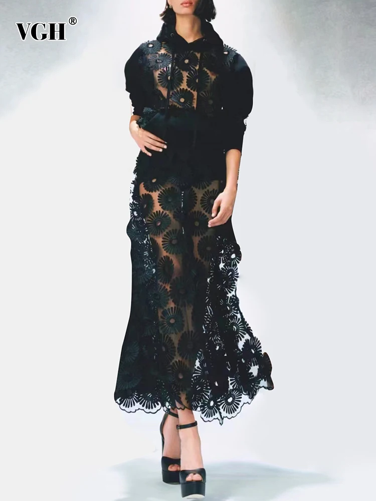 

VGH Casual Solid Long Dress For Women Round Neck Sleeveless Patchwork Embroidery High Waist Midi Dresses Female 2022 Clothes New