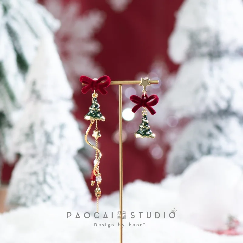 Asymmetric Christmas Tree Earrings Red Bow Studs Festive Holiday Jewelry for Women Girls Winter Party Outfit Ideas Set of Two