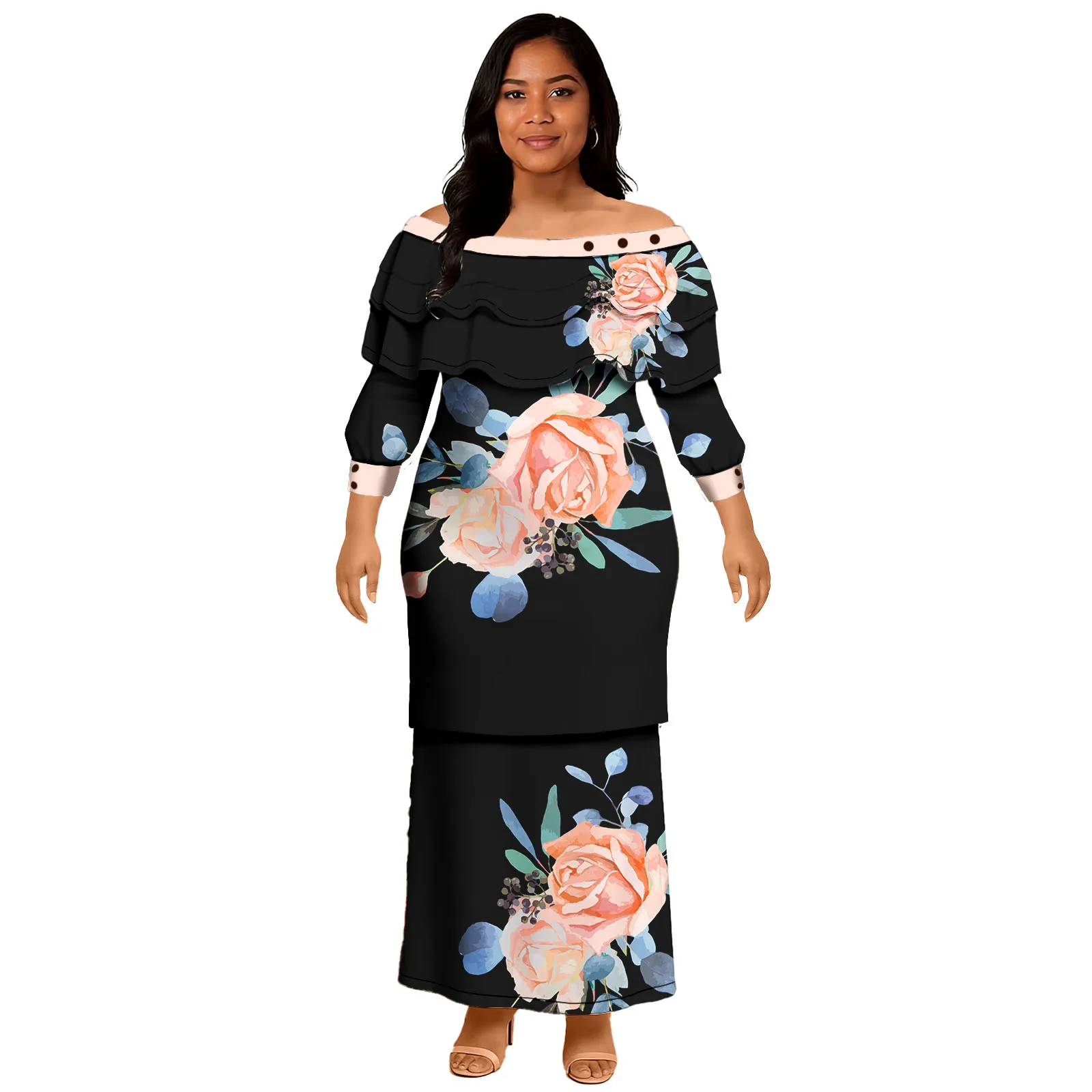 Roupas de Designer Personalizadas, Vestuário Feminino Polinésio de Praia, Elegante Puletasi Samoano, Conjunto de 2 Peças, Vestidos Florais Havaianos para Mulheres