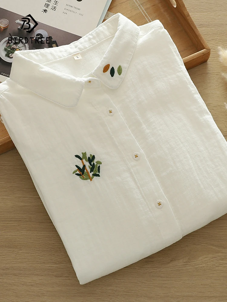 

New 2026 Spring Women Cotton Yarn Long Sleeve Shirt, Turn-down Collar Embroidery, Mori Girl Fashion Casual Loose Blouse T61056CC