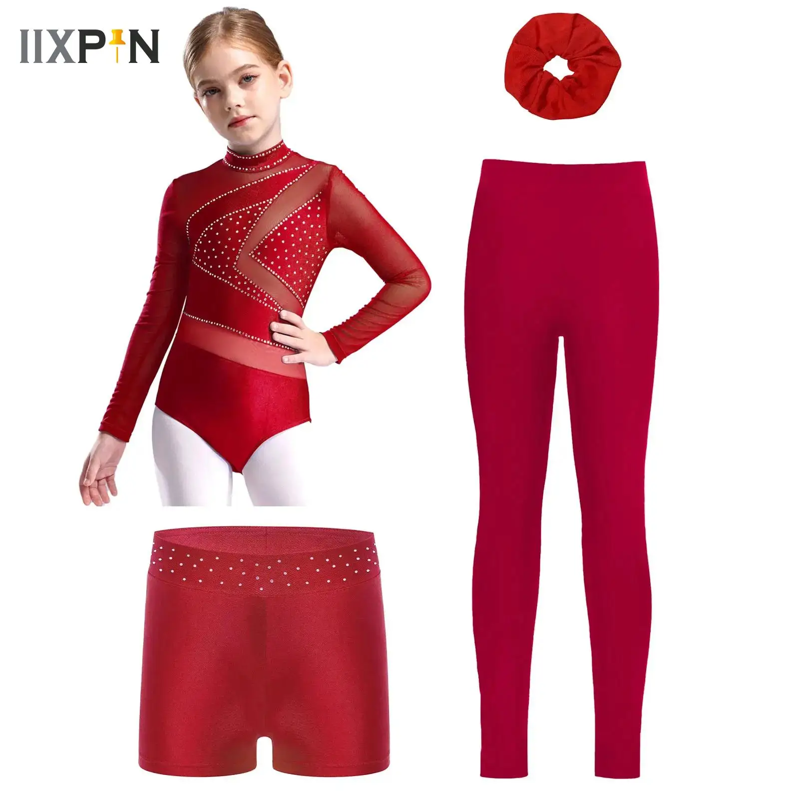 

Kids Girls Ballet Dancewear 4Pcs/Sets Figure Skating Gymnastic Jumpsuit with Shorts Leggings And Hairband Performance Costume