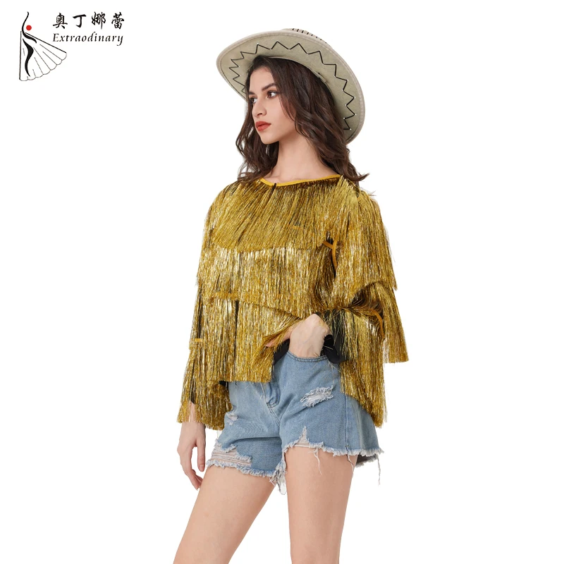 Tinsel jacket Women Coat Temperament Club Coat Long Sleeve Trendy Fashion Sequins Tassel  Jacket  festival open front  carnival