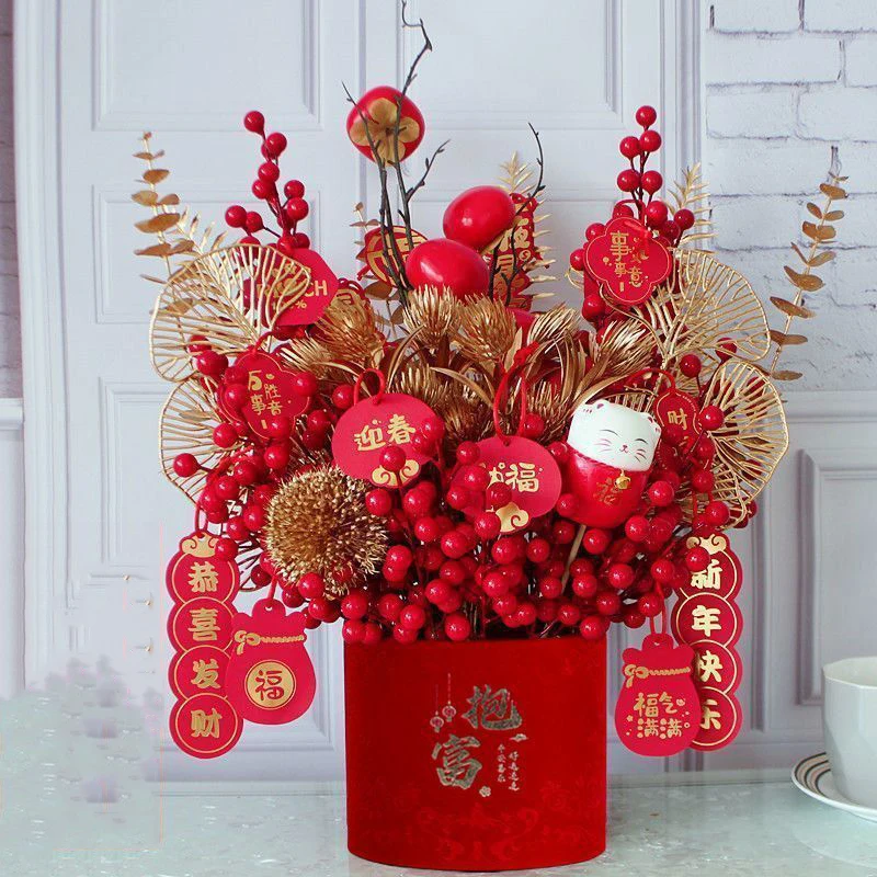 Cloth Paper Futong Vase Red Lucky Fruit Simulation Flower Set New Year Wedding Opening Decoration Home Livingroom Ornaments Art