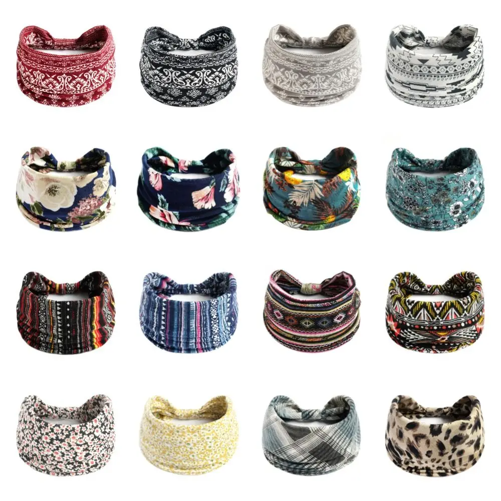 Elastic Turban Headwear Bohemian Headband Cotton Stretch Wide Yoga Hair Band Fashion Vintage Knot Women Headwrap For Dance Biker