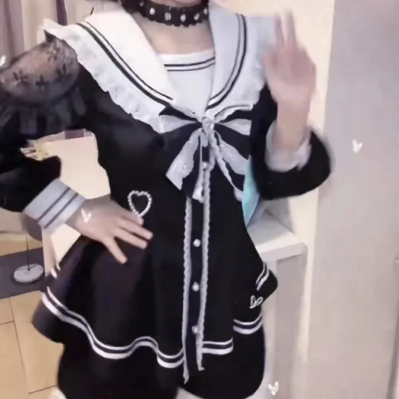 

JK Uniform Set Mine Themed Dresses Bear Sailor Collar Patchwork Waist Cinching Dress Slimming Lace Shorts Women Dresses Set New